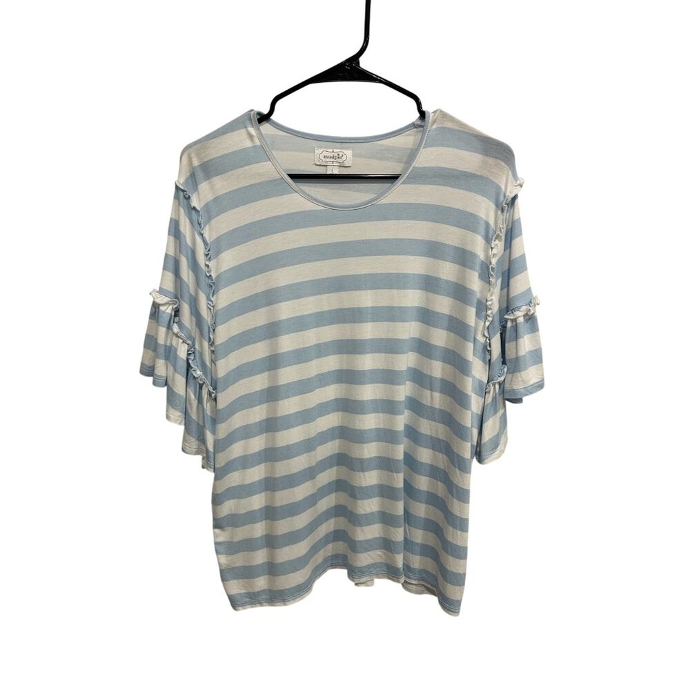 Mudpie Womens Blue White Striped Ruffle Sleeve Top Size Large Casual Classic